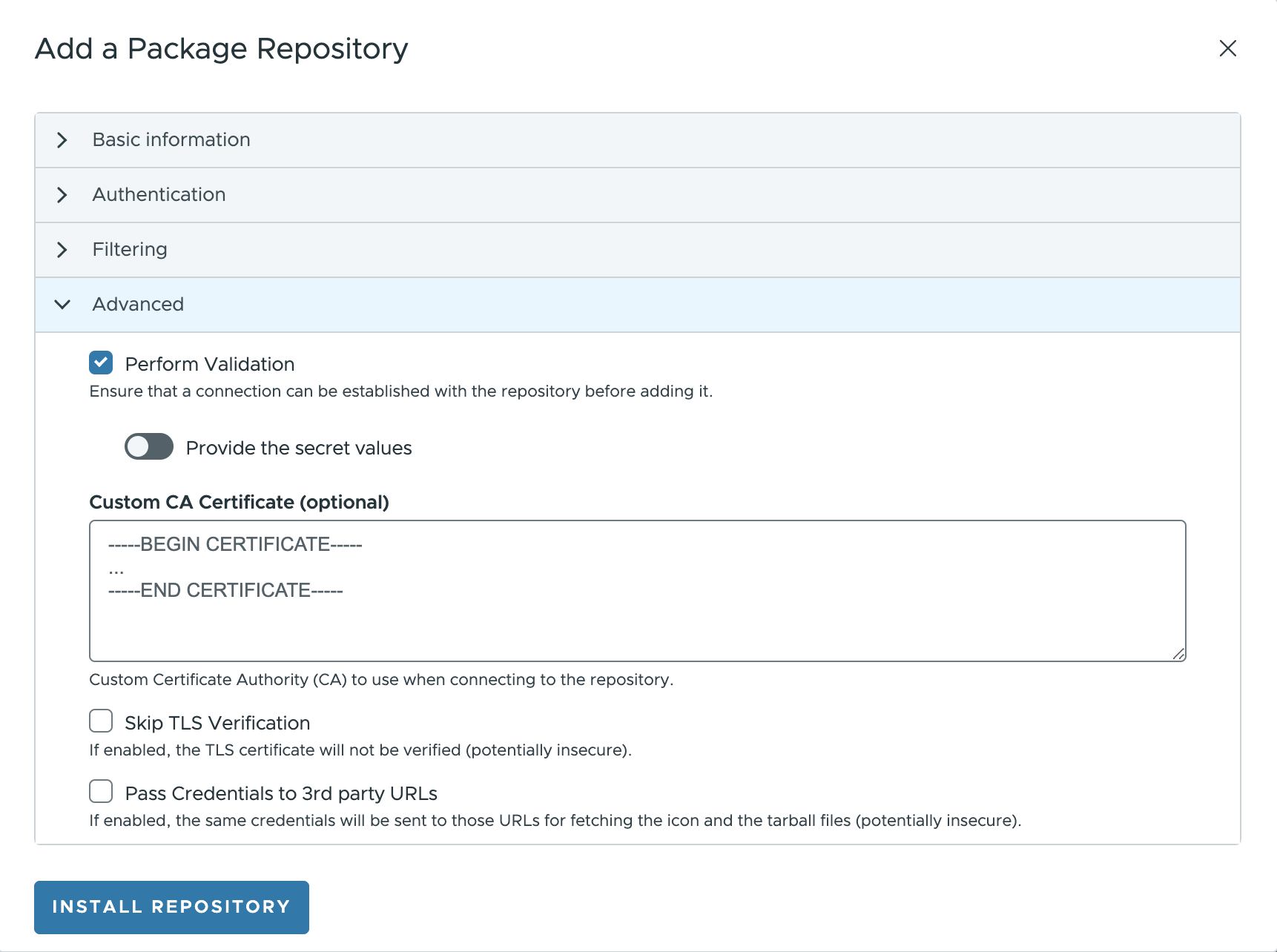 Package Repository advanced tab Helm